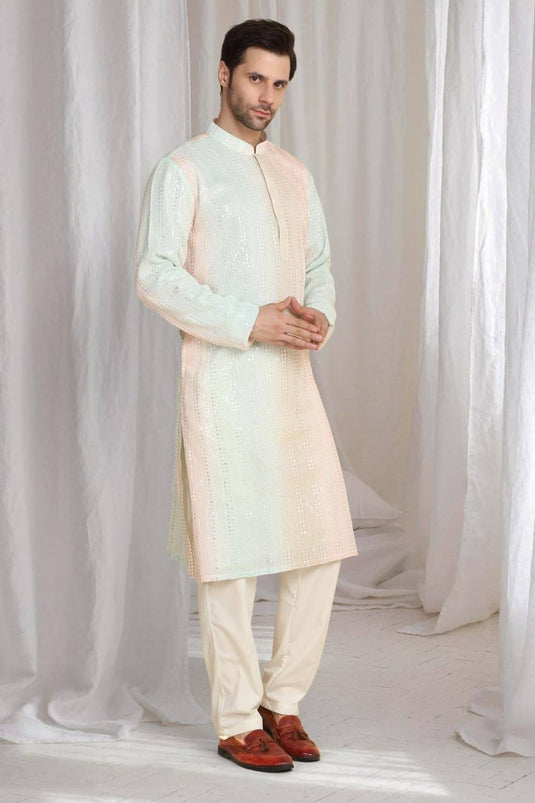 Ambar Ombre Embroidered Kurta Dupatta Set - Coral Sea Green
