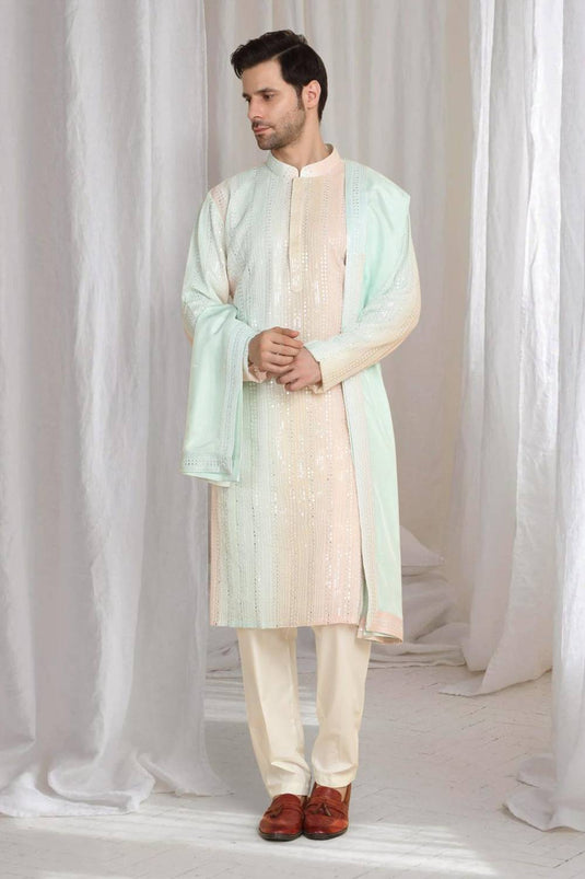 Ambar Ombre Embroidered Kurta Dupatta Set - Coral Sea Green