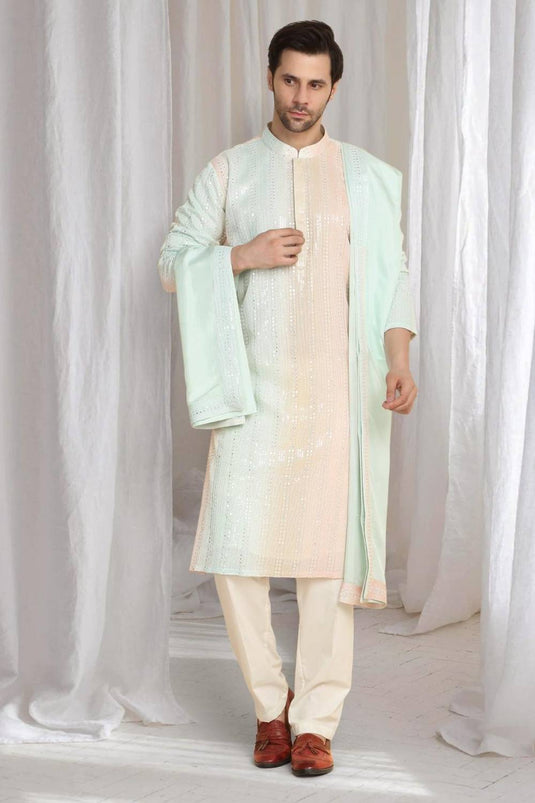 Ambar Ombre Embroidered Kurta Dupatta Set - Coral Sea Green