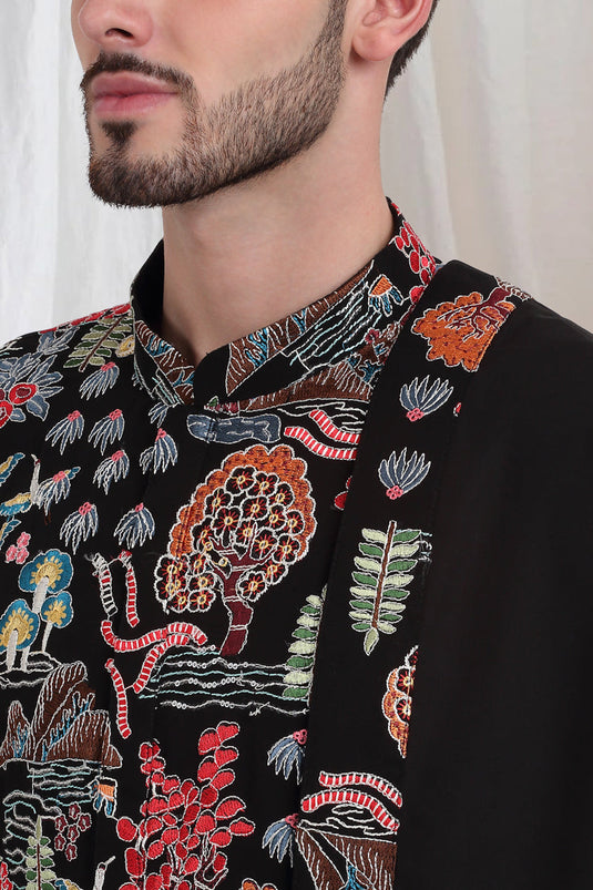 Tarnam Embroidered Nature Kurta Pant Set - Black