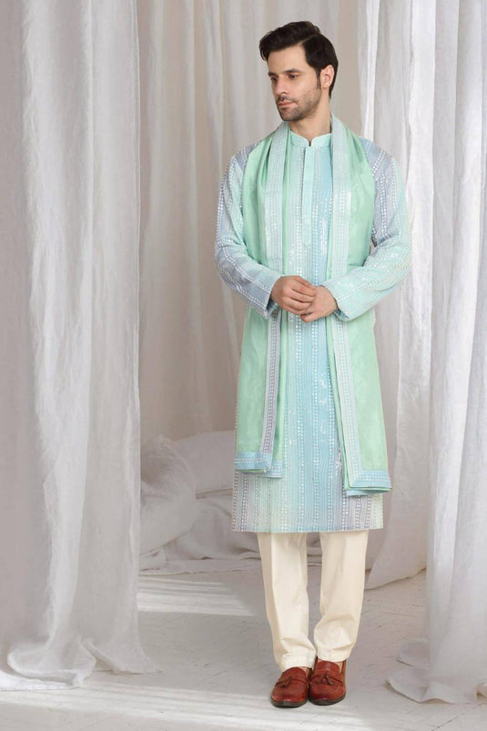 Ambar Ombre Embroidered Kurta Dupatta Set - Blue Sea Green
