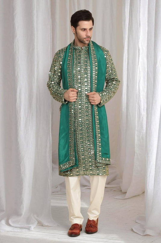 Festive Green Golden Thread Embroidered Kurta Dupatta Set