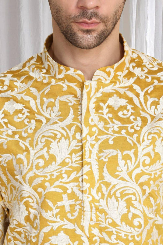 Aham Flora Thread Embroidered Kurta Set - Festive Yellow