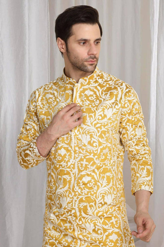 Aham Flora Thread Embroidered Kurta Set - Festive Yellow