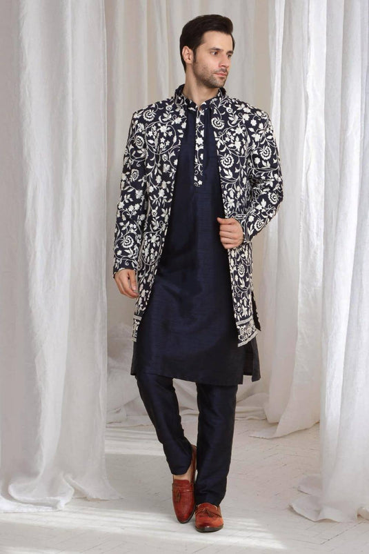 Pushp Floral Embroidered Jacket Kurta Pant Set - Navy Blue