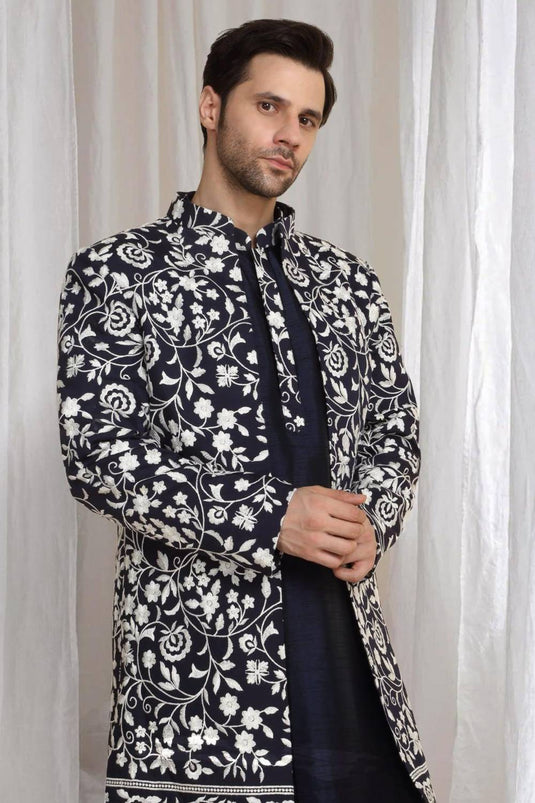 Pushp Floral Embroidered Jacket Kurta Pant Set - Navy Blue