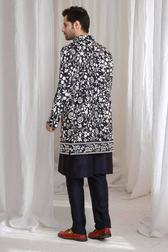 Pushp Floral Embroidered Jacket Kurta Pant Set - Navy Blue