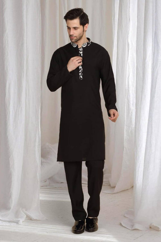 Pushp Floral Embroidered Jacket Kurta Pant Set - Black