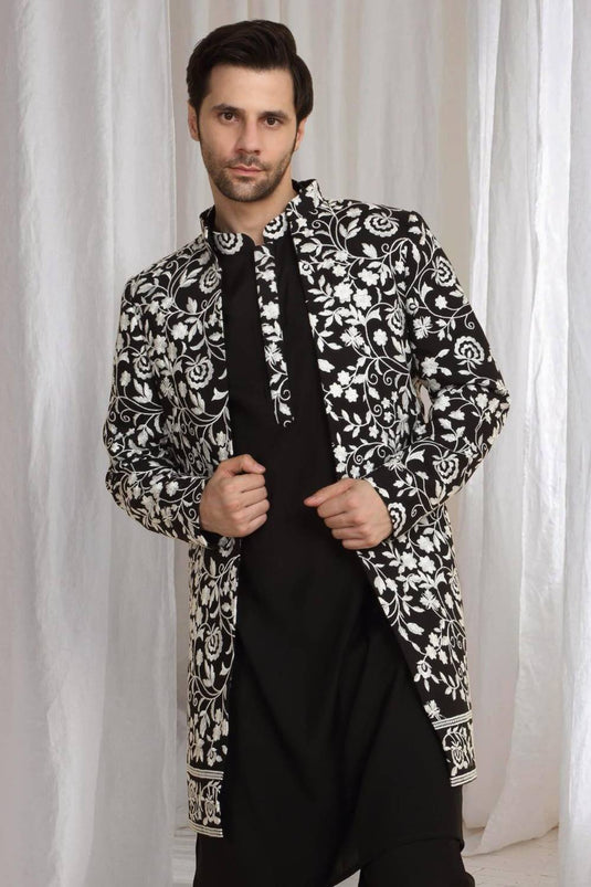 Pushp Floral Embroidered Jacket Kurta Pant Set - Black