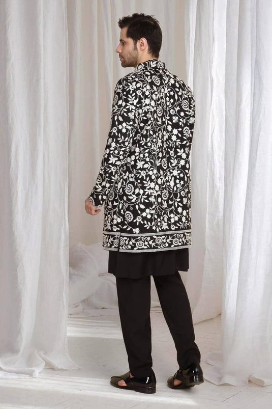 Pushp Floral Embroidered Jacket Kurta Pant Set - Black
