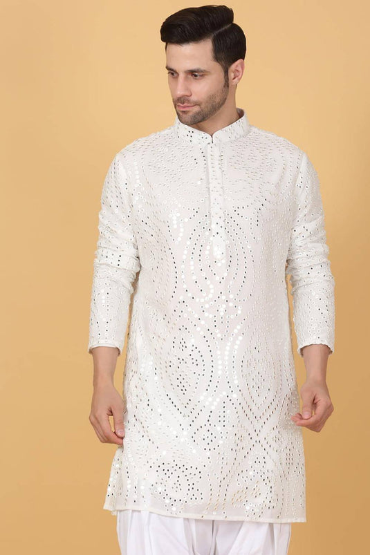 Jahaan Mirror Embroidery Work Kurta Set - White