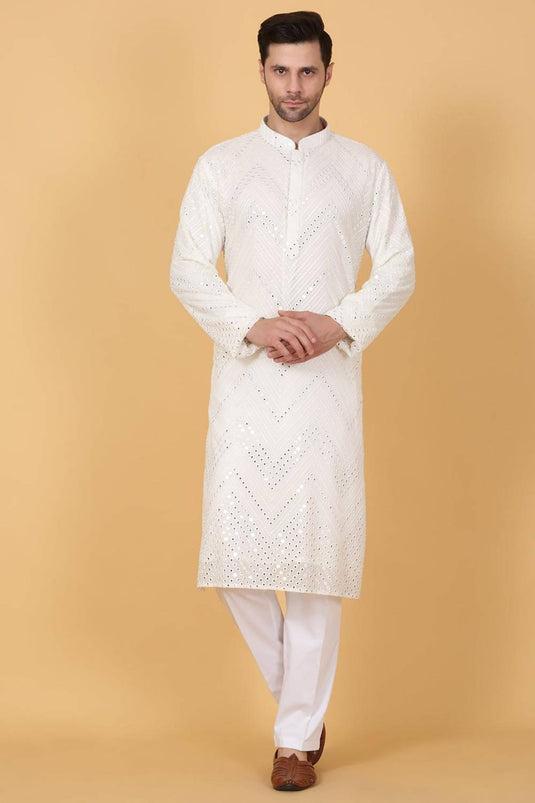 White Cotton Mirror Embroidery Zig Zag Kurta Set