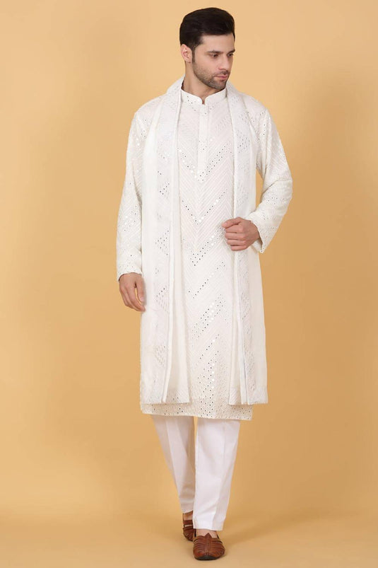 White Cotton Mirror Embroidery Zig Zag Kurta Set