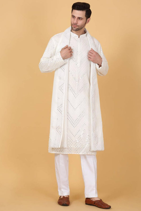 White Cotton Mirror Embroidery Zig Zag Kurta Set