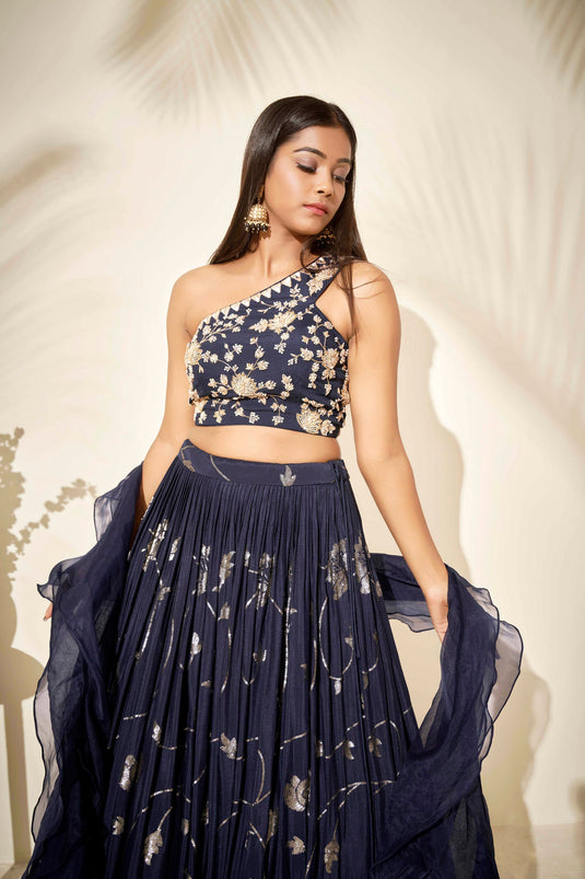 Navy Blue Zardosi Hand Embroidered Lehenga