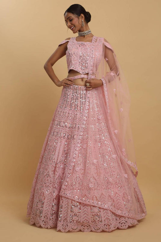 Drishti Pink Mirror Embroidered Leaf Neck Lehenga Set