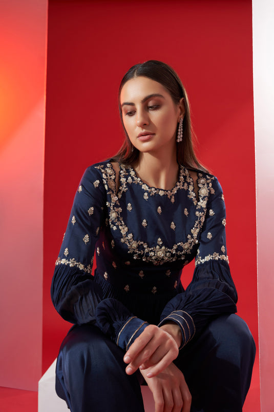 Navy Blue Satin Pant Set