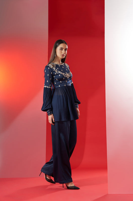 Navy Blue Satin Pant Set
