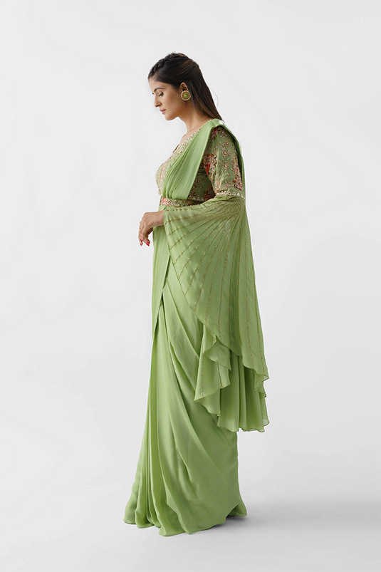Green Hand Embroidered Pre-Draped Saree Set