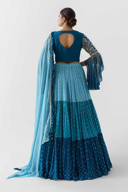 Blue Embroidered Layered Lehenga