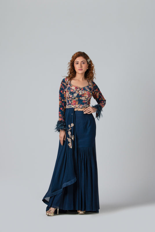 Dark Navy Blue Georgette Crepe Fish-Cut Skirt Set