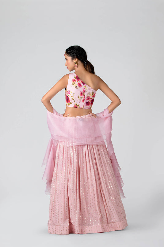 Pink one shoulder Lehenga Set