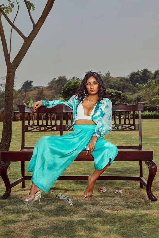 Celestial Blue Overlap Pleated Trousers with Jacket And Bralette