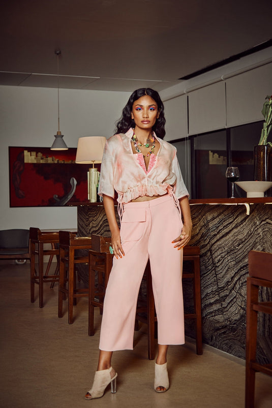 Coral Soft Shell Drawstring Tie-Dye Top With Cropped Trousers