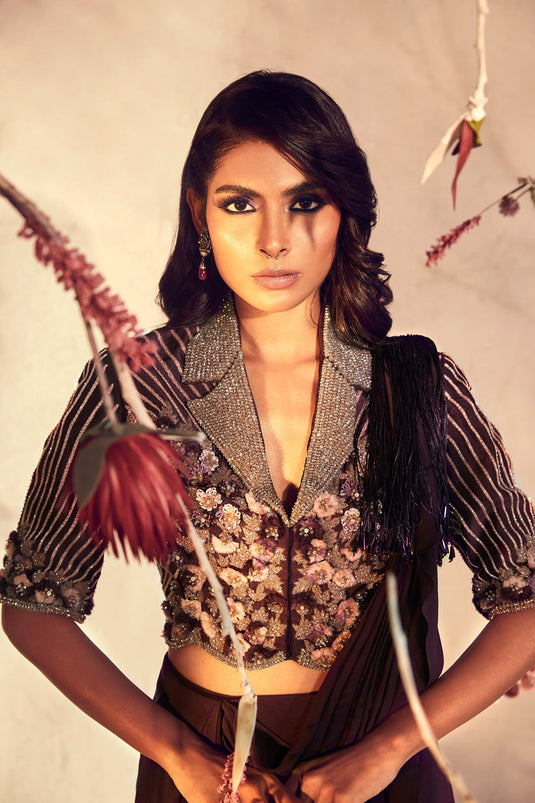 Wine Pre-Draped Saree