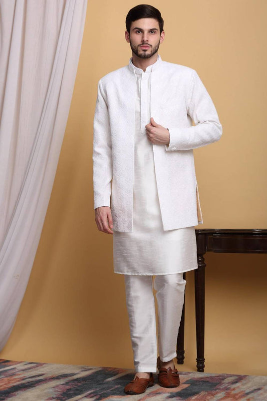 Nakkashkaari Embroidered Open Jacket Kurta Set - Ivory Cream