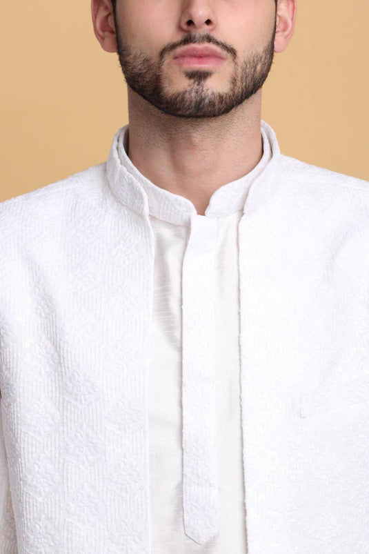 Nakkashkaari Embroidered Open Jacket Kurta Set - Ivory Cream