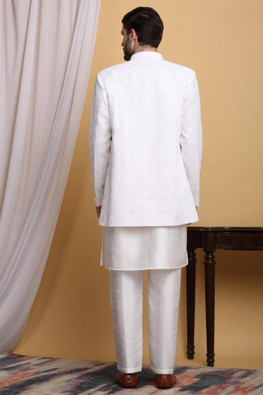 Nakkashkaari Embroidered Open Jacket Kurta Set - Ivory Cream
