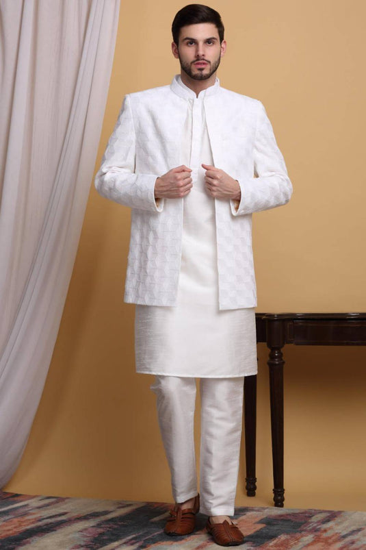 Kohima Embroidered Open Jacket Set - Ivory