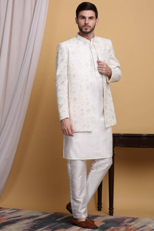 Ved Embroidered Open Jacket Set - Ivory Cream