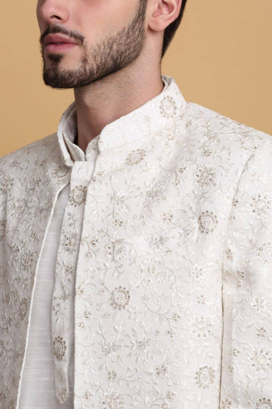 Ved Embroidered Open Jacket Set - Ivory Cream