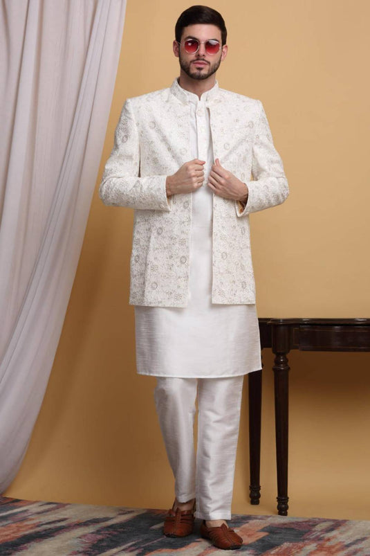 Ved Embroidered Open Jacket Set - Ivory Cream