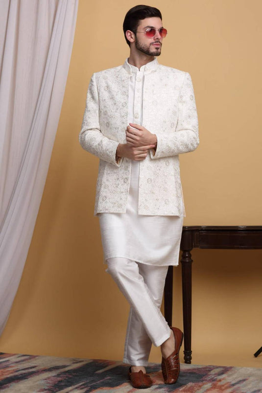 Ved Embroidered Open Jacket Set - Ivory Cream