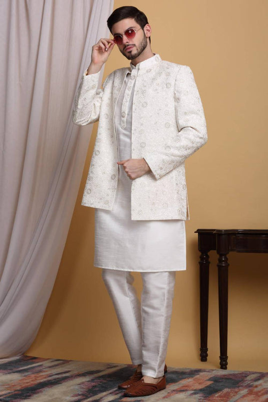 Ved Embroidered Open Jacket Set - Ivory Cream