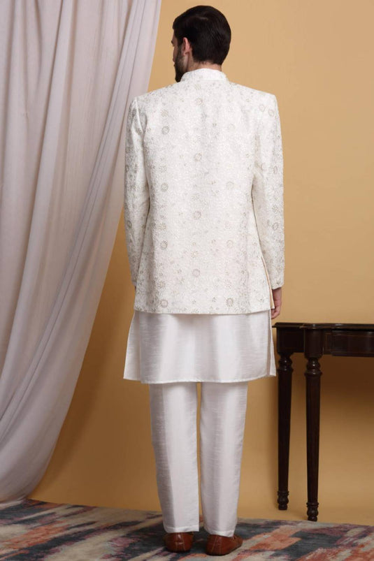 Ved Embroidered Open Jacket Set - Ivory Cream