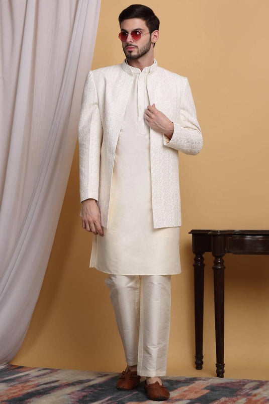 Om Embroidered Open Jacket Set - Ivory