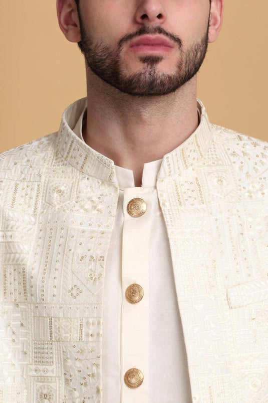 Zardoz Embroidered Open Jacket Set - Ivory