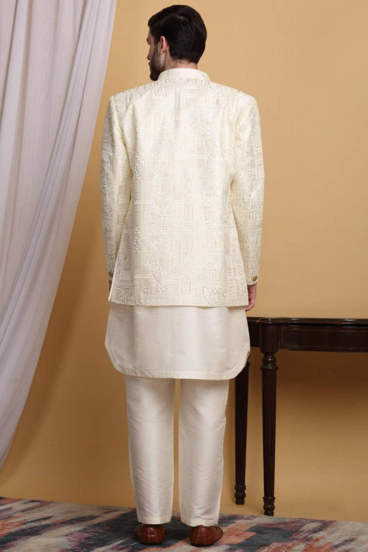 Zardoz Embroidered Open Jacket Set - Ivory