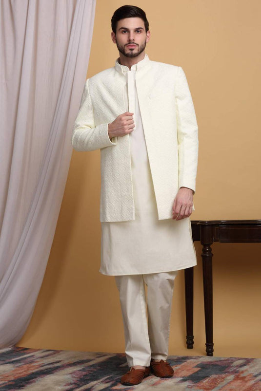 Divyam Embroidered Open Jacket Set - Ivory