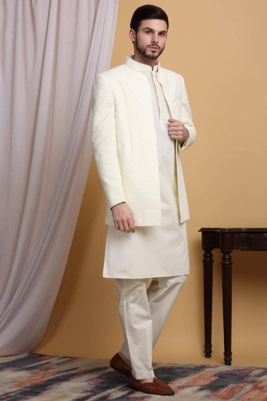 Divyam Embroidered Open Jacket Set - Ivory