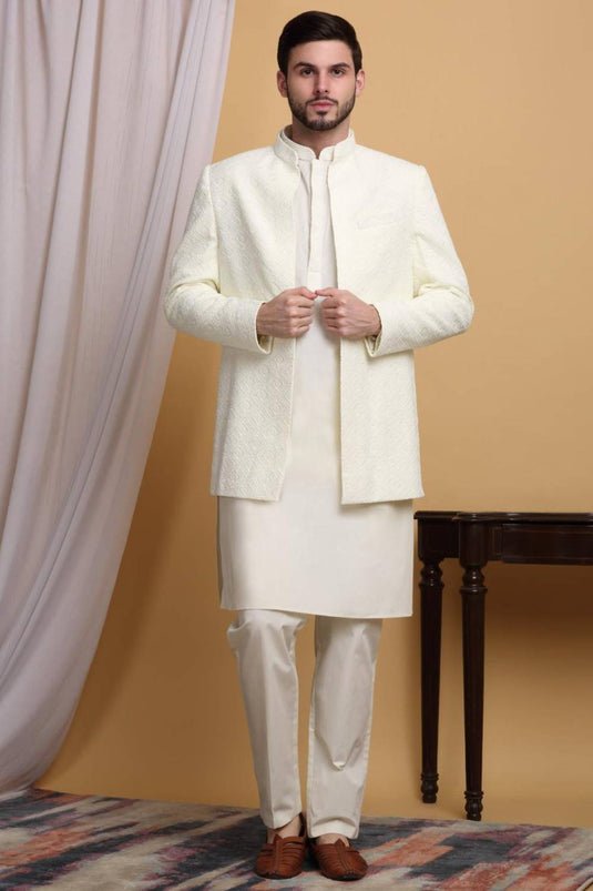 Divyam Embroidered Open Jacket Set - Ivory