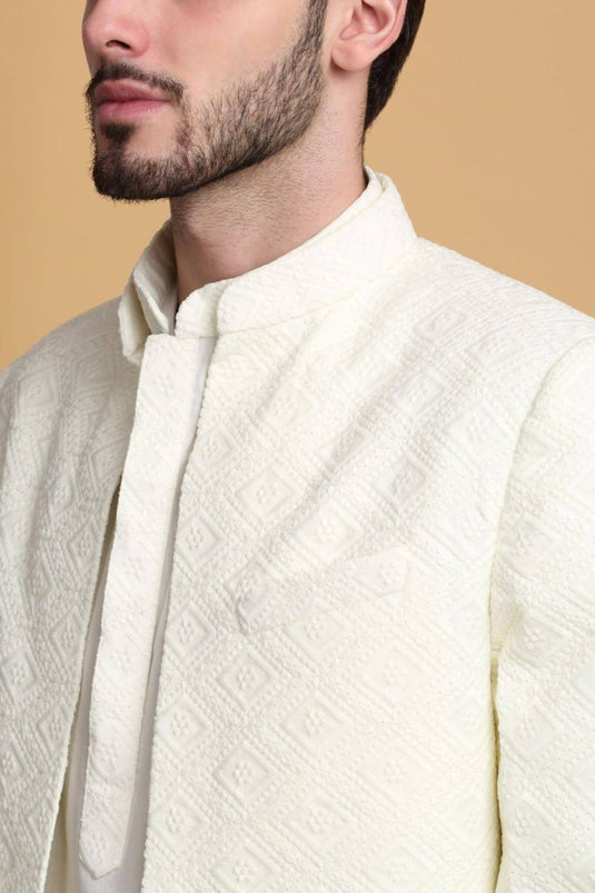 Divyam Embroidered Open Jacket Set - Ivory