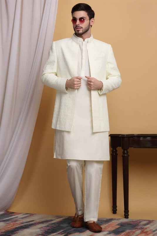 Divyam Embroidered Open Jacket Set - Ivory