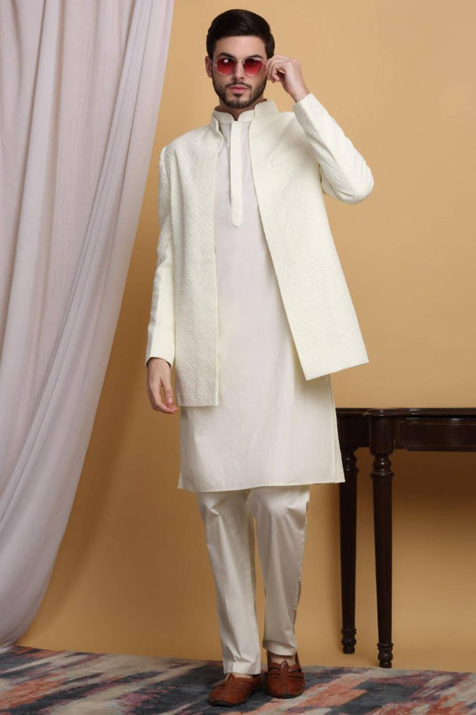 Divyam Embroidered Open Jacket Set - Ivory