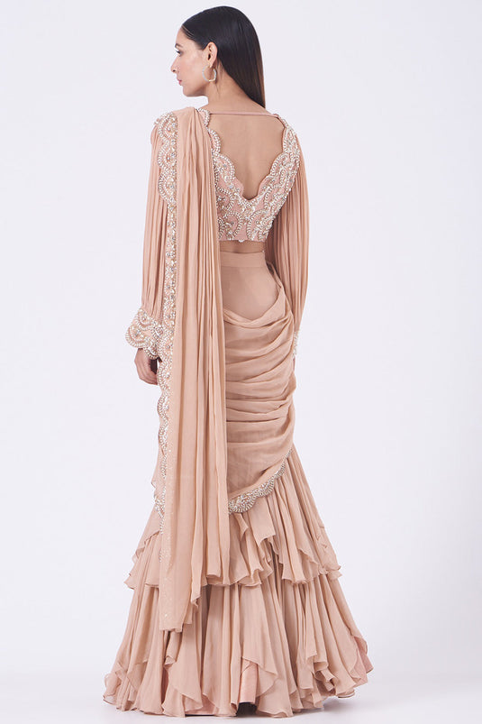 Fish Cut Blush Pink Pre-Draped Saree Set - Auraya Fashion - - #tag1# - #tag2# - #tag3# - #tag3#