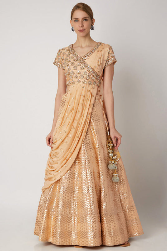 Embroidered Peach Draped Lehenga Set - Auraya Fashion - Nidhika Shekhar - #tag1# - #tag2# - #tag3# - #tag3#
